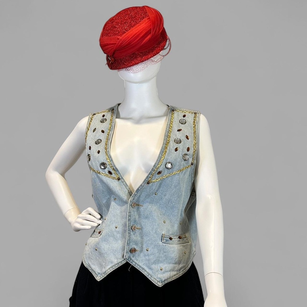 Vintage Gazoz Embellished Denim Vest USA Made Studded Rhinestone Y2K Western